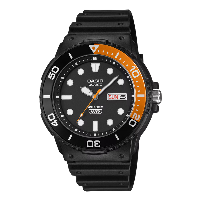 Casio MRW-230H-1E4V — Esfera Negra / Bisel Naranja